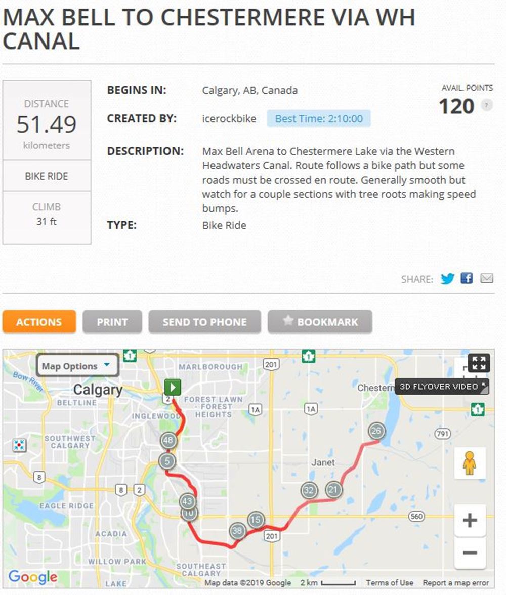 Max Bell Arena to Chestermere Lake and back via the Western Headwaters Canal