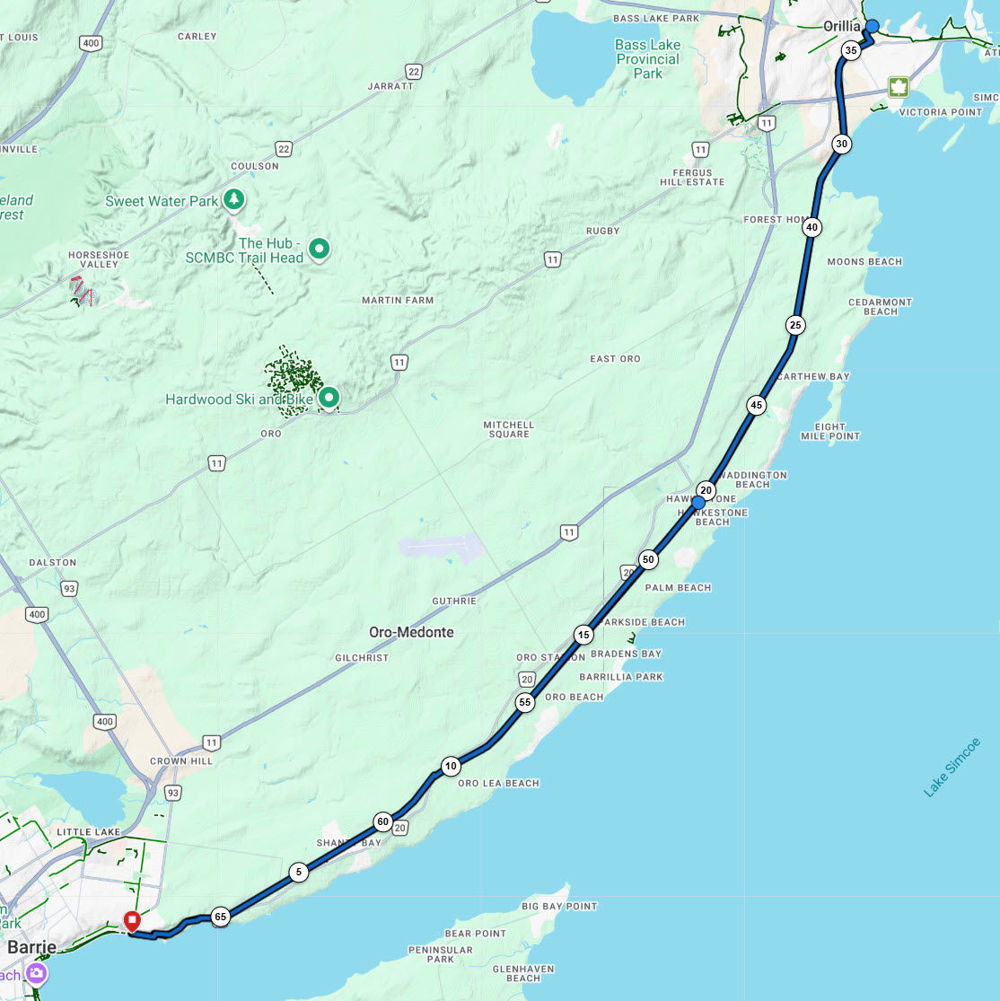 Barrie - Johnstons Beach to Orillia (Kiwanis Skate Park) and back (65km)