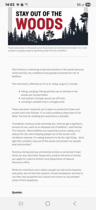 UPDATE; NS Provincial Tail Closure due to EXTREME FIRE RISK.